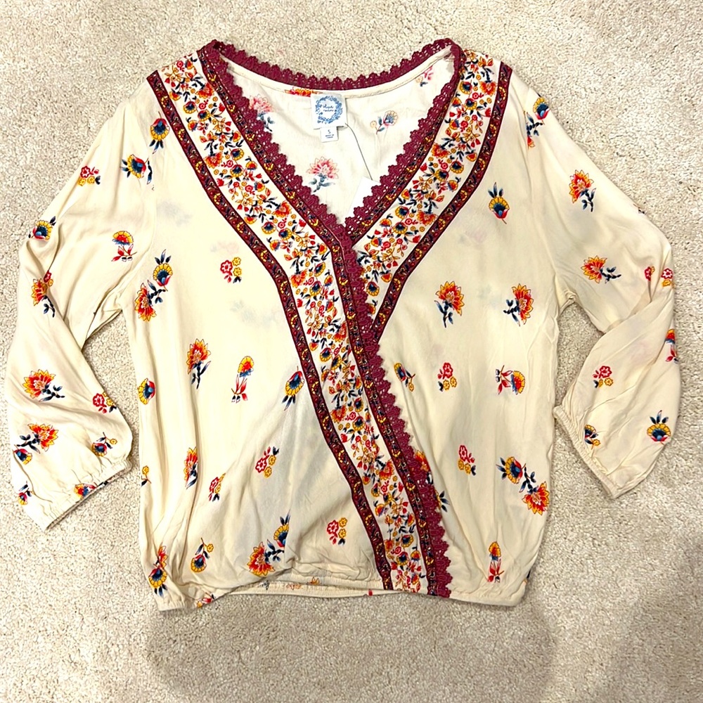Francesca’s floral printed cream wrap long-sleeved blouse